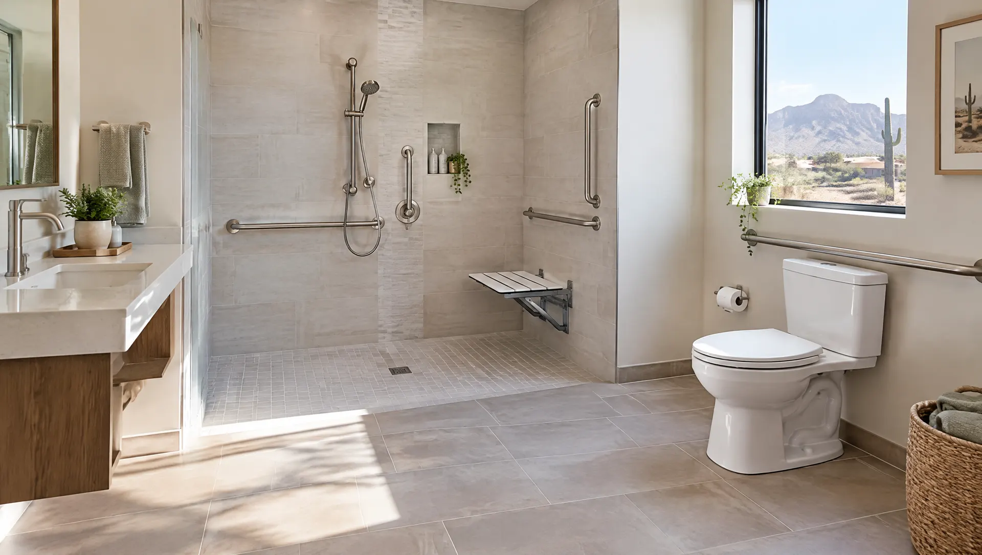 Accessible bathroom with a curbless roll-in shower, fold-down shower seat, grab bars, comfort-height toilet and wide clear floor space