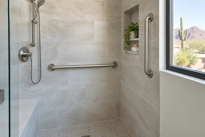 Stainless steel grab bars installed on a tiled shower wall at the correct height