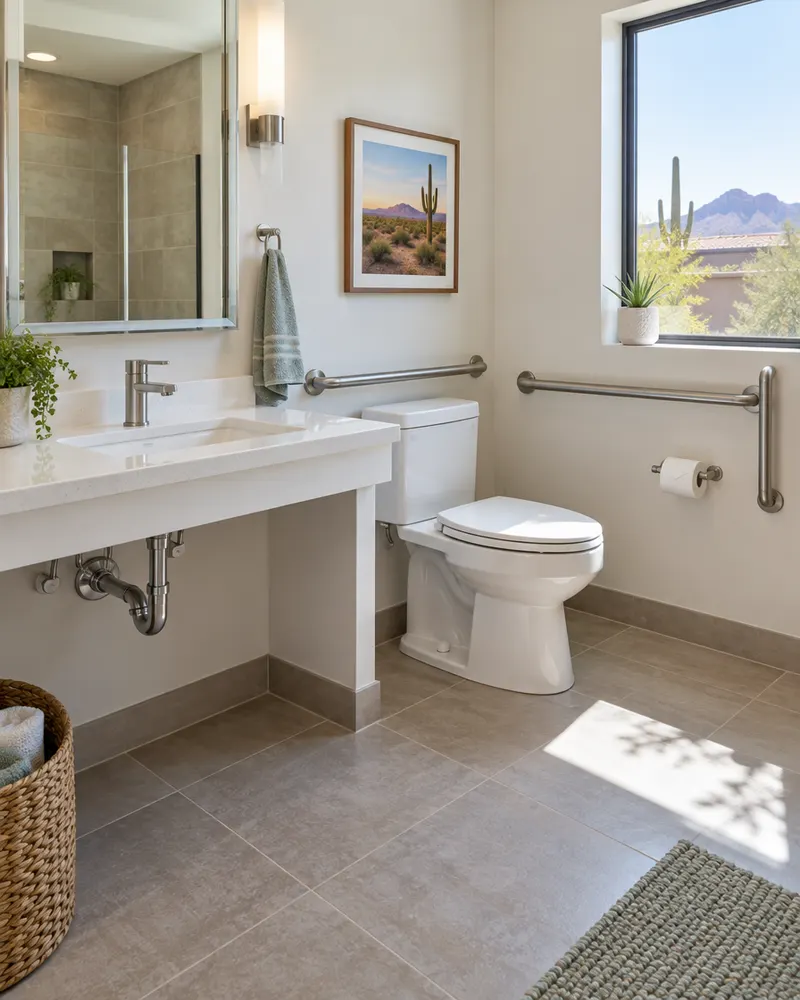 Bright accessible bathroom with a roll-under sink, lever faucet and grab bars beside a comfort-height toilet