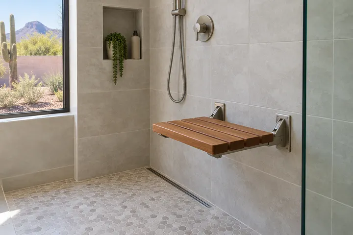 Fold-down teak shower seat mounted on a tiled wall in a curbless shower