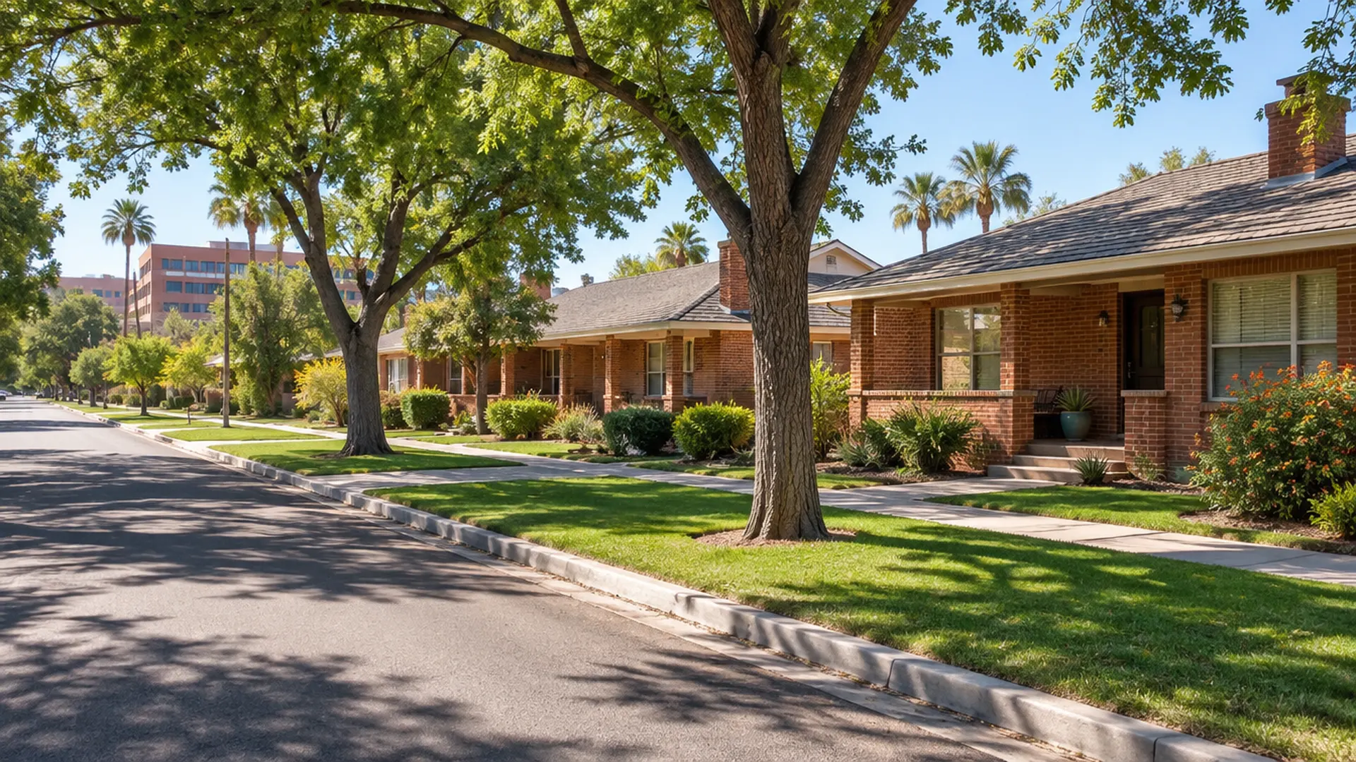 Shaded older neighborhood street near a university in Tempe, Arizona with small 1940s and 1950s brick bungalows, mature trees and green lawns
