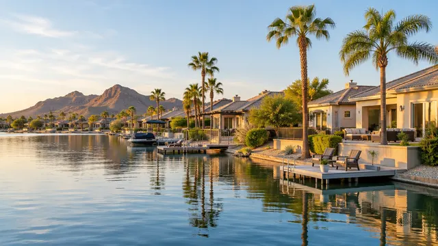 Waterfront homes with small docks and palm trees along a calm man-made lake in a Tempe, Arizona neighborhood