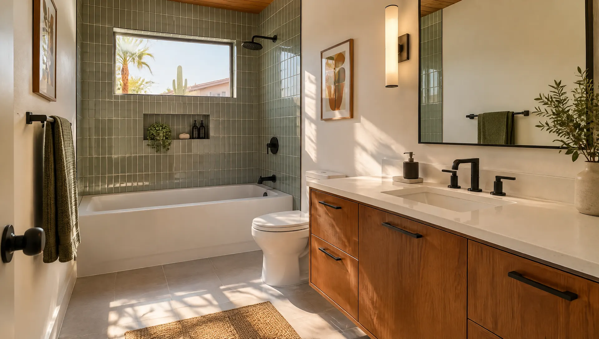 Wide view of a fully remodeled bathroom in a mid-century Tempe ranch home: new tub, tiled shower wall, modern vanity, matte black fixtures, warm afternoon light