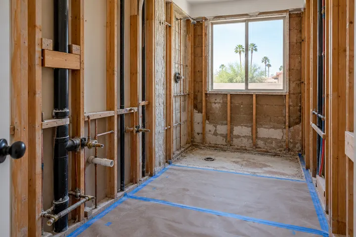 Bathroom stripped to the studs during demolition, old tile removed, plumbing exposed, floor protected