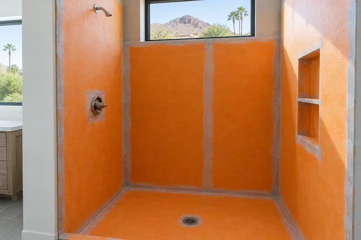 Shower walls covered in a bright waterproofing membrane before tile, seams taped, valve installed