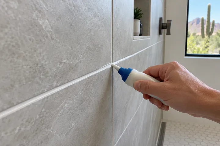 Close-up of grout being sealed on new bathroom tile with a small applicator