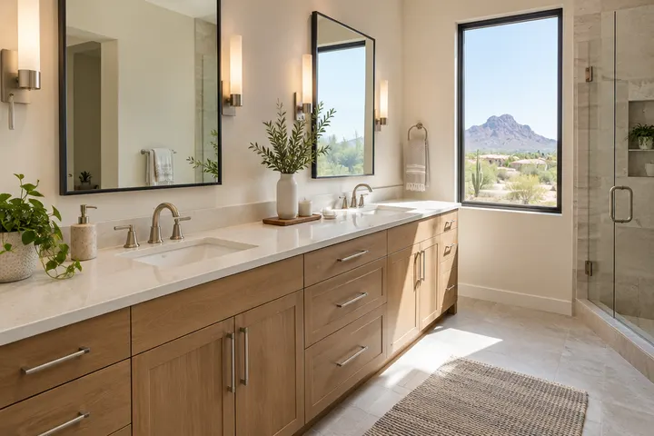 Long double vanity with two sinks and drawers in a primary bathroom