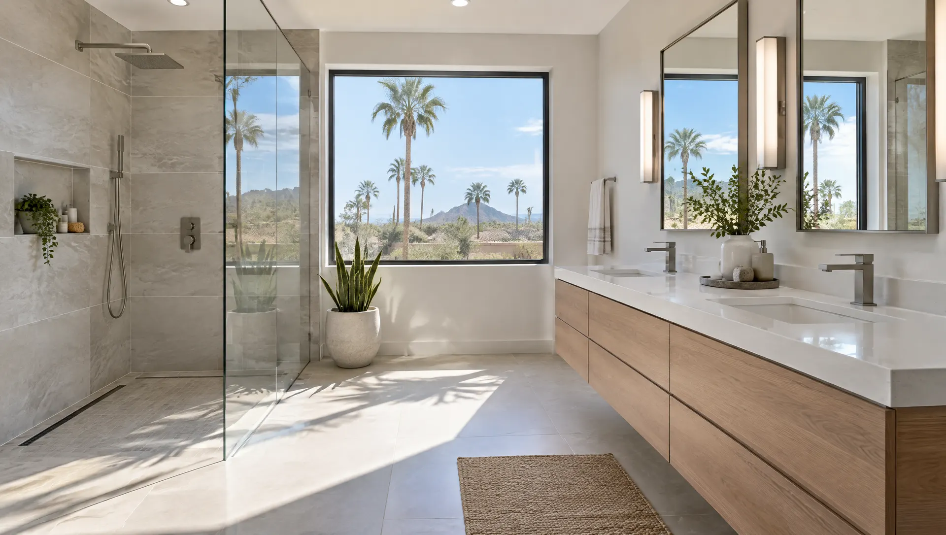 Newly remodeled primary bathroom with a frameless glass walk-in shower, large-format porcelain tile, a floating double vanity with quartz top, and a window showing palm trees and a sunny desert sky