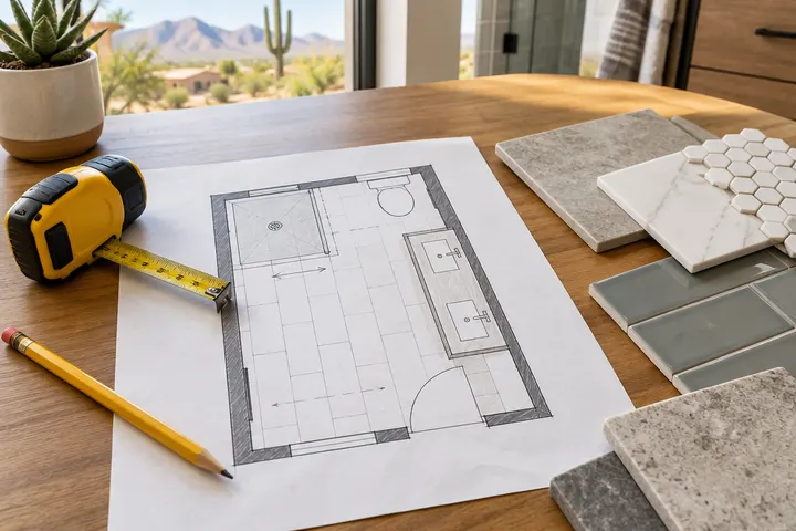 Bathroom floor plan sketch with tape measure, pencil and tile samples on a table, planning a layout change