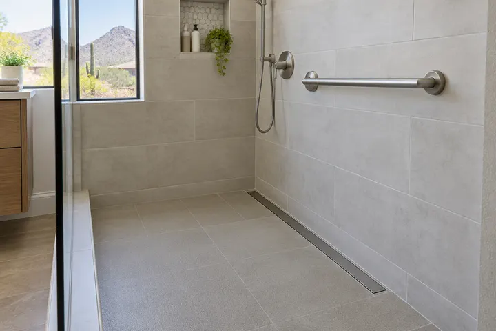 Slip-resistant matte porcelain shower floor tile with a linear drain and a grab bar on the tiled wall