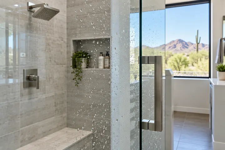 Close-up of a new frameless glass shower door with water beading cleanly, no hard-water film