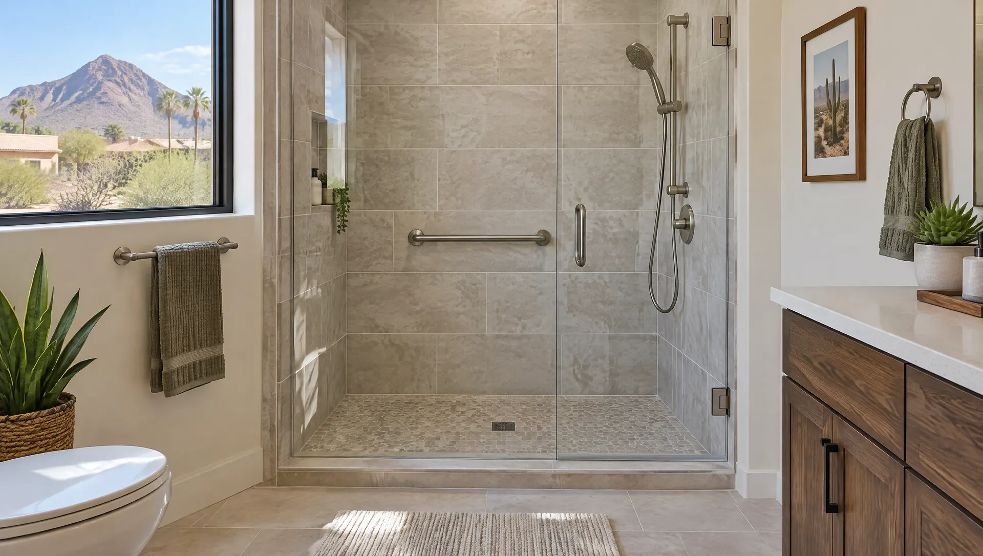 Former bathtub alcove converted into a tiled walk-in shower with a low threshold, glass door, grab bar and handheld shower on a slide bar
