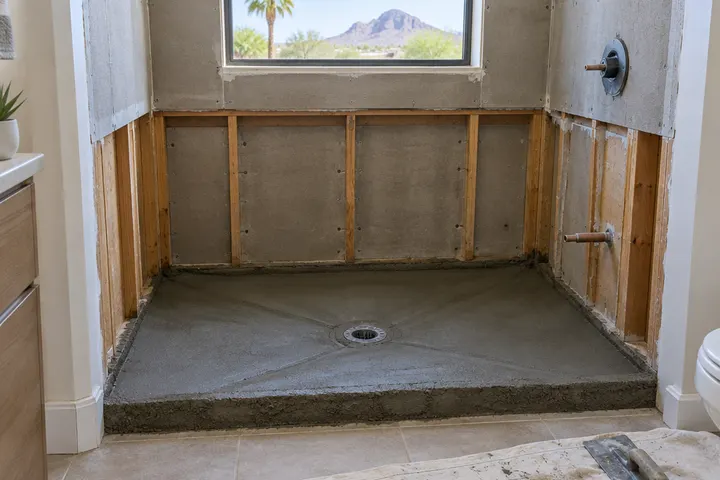 Shower pan being formed with a sloped mortar bed toward a center drain in a former tub alcove