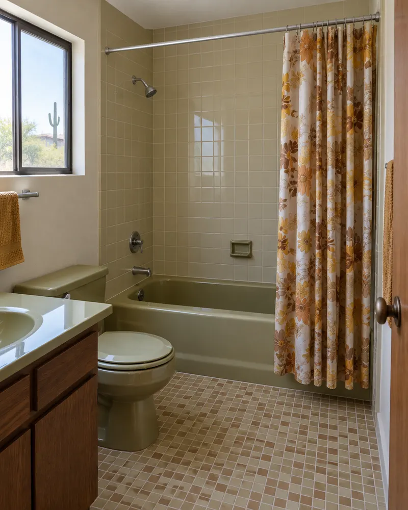 Old built-in bathtub with a shower curtain in a 1970s bathroom, before conversion