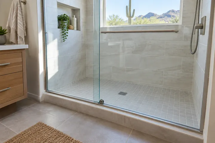 Low-profile shower threshold with tile and a sliding glass door in a converted tub space